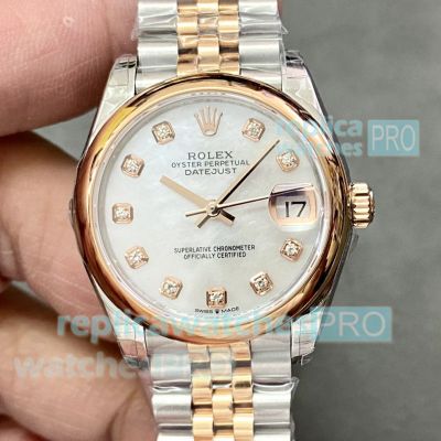 Swiss replica Rolex Datejust 31mm Mid-size watch Half Rose Gold White MOP Dial 